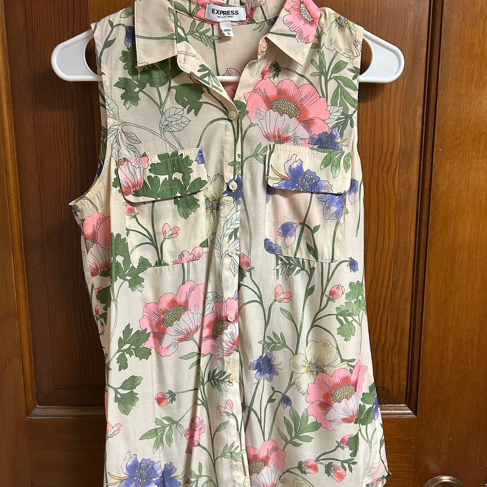Express Floral Button-Up Blouse - Pink, Green, and Blue
